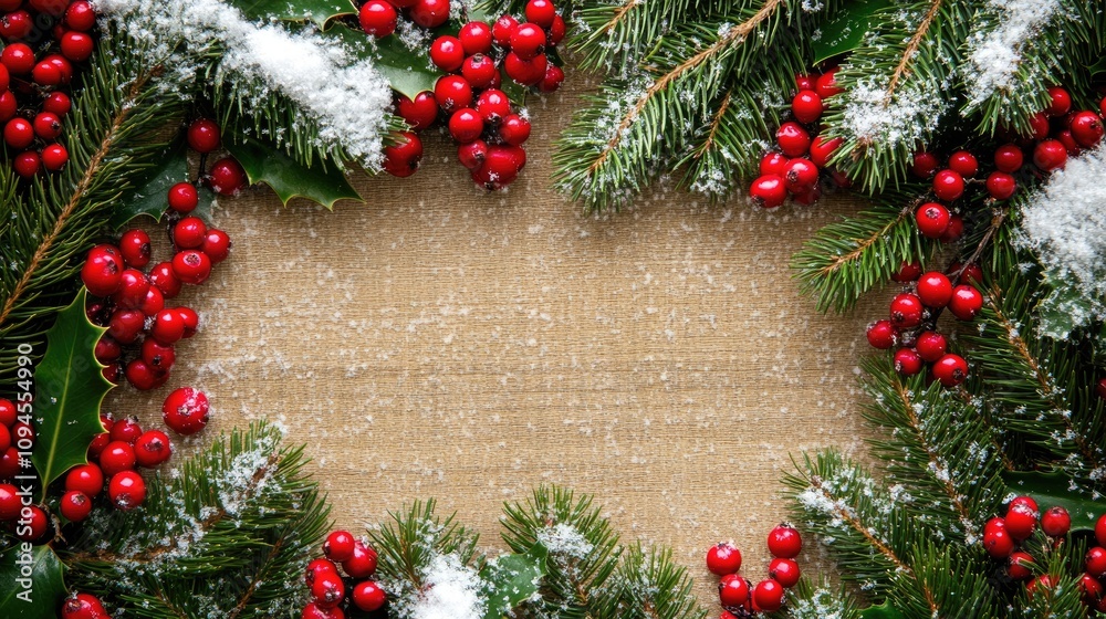 Christmas flat lay arrangement with fir tree branches, snow, holly, and red berries, featuring a textured banner background for text placement.