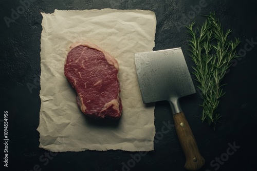 Fresh cut ribeye steak with kitchen tools and herbs ready for cooking