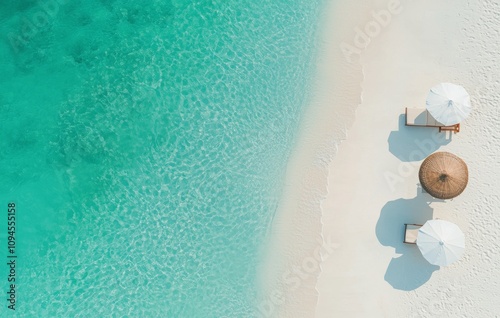 Relaxation at a tropical beach with straw umbrellas and calm turquoise waters