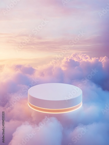 Cloud platform rising above a sea of fluffy clouds during a colorful sunset