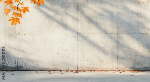 Autumn leaves casting shadows on a textured wall in soft sunlight