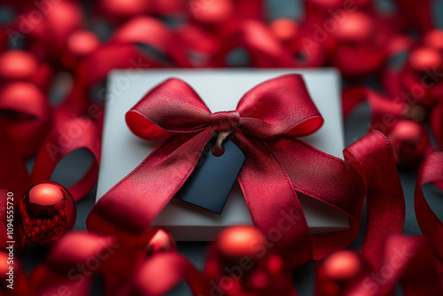 Gift box with red ribbon and copy tag or card. 