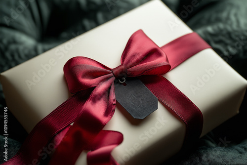 Gift box with red ribbon and copy tag or card. 