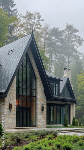 Elegant stone mansion surrounded by fog and autumn trees in a serene location