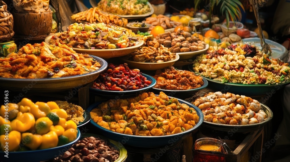Obraz premium Vibrant display of assorted traditional food offerings arranged in various dishes, showcasing cultural diversity for a festive celebration