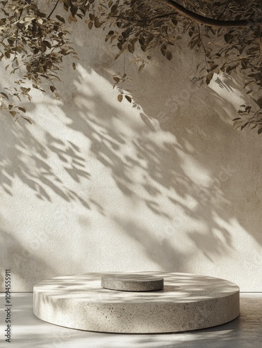 Calm minimalist space with a stone platform and greenery in bright natural light