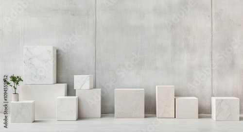 Modern display of geometric stone blocks in minimalist interior space showcas...