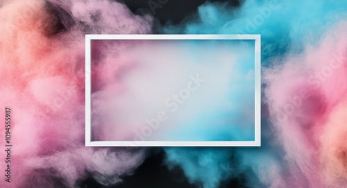 Colorful smoke swirls around an empty frame showcasing vibrant hues of pink a...