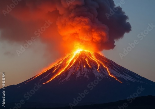 Erupting volcano spews lava and ash during sunset illuminating the sky