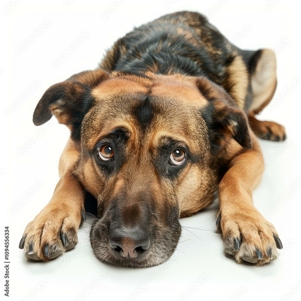 Adorable german shepherd dog lying down, looking sad with its head resting on paws, against a white background Adorable german shepherd dog lying down, looking sad with its head resting on paws, against a white background