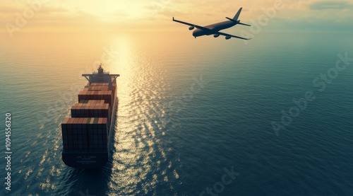 Cargo ship sails on calm waters while airplane flies above during sunset hour