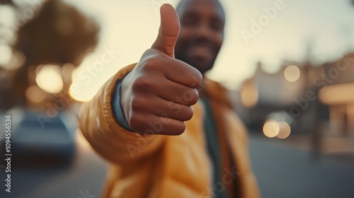 Customer giving a thumbs up gesture symbolizing approval and satisfaction, with a softly blurred background creating a warm, inviting atmosphere.