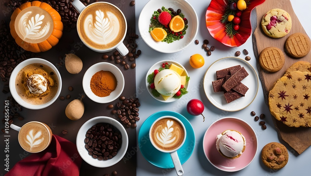 Abstract food patterns (coffee beans, fruits, or spices).