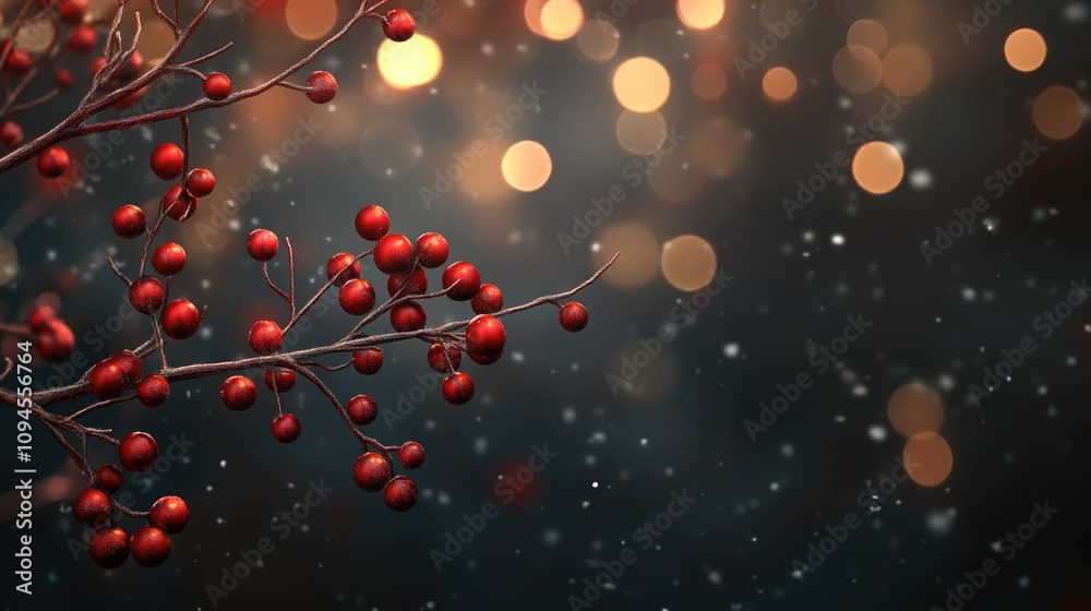 Christmas tree branch adorned with vibrant red ornaments and berries, set against a dark background with warm bokeh lights creating a festive holiday atmosphere Christmas tree branch adorned with vibrant red ornaments and berries, set against a dark background with warm bokeh lights creating a festive holiday atmosphere