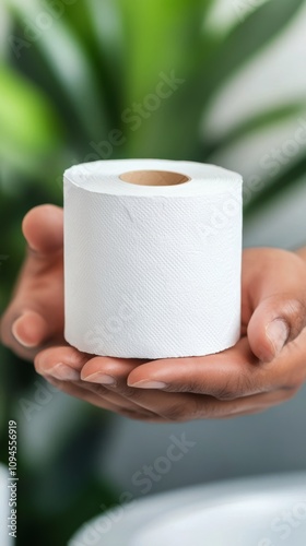 Hand holding a roll of white toilet paper in a bright indoor space surrounded...