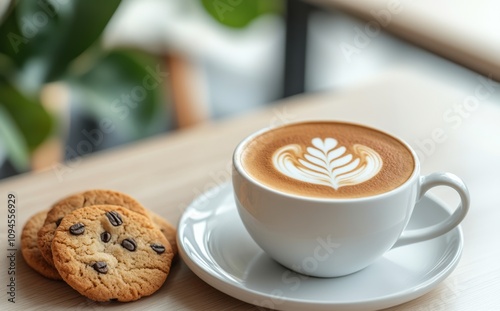 Delicious coffee with latte art served alongside chocolate chip cookies on a ...