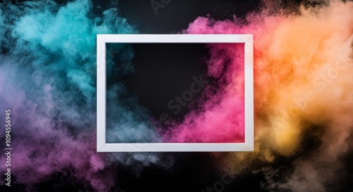 Colorful smoke swirls around an empty frame showcasing vibrant hues of pink a...