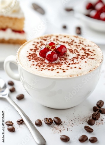 Delicious dessert with creamy coffee topped with cherries and cocoa at a cafe...