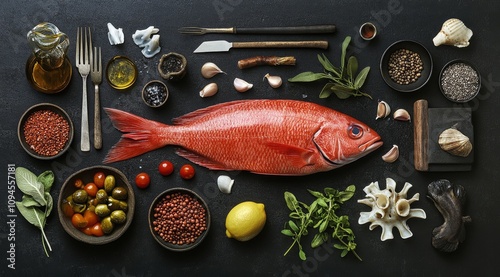Fresh fish and colorful vegetables arranged beautifully for a culinary presen...