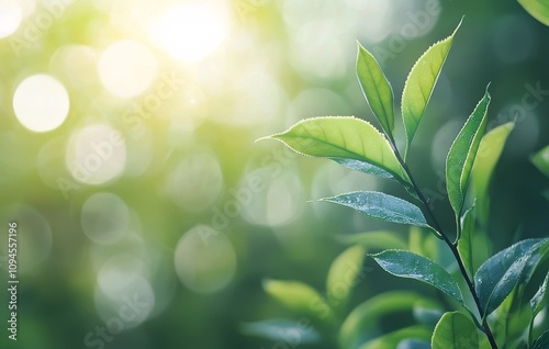 Leaves glisten in soft sunlight with blurred background creating a tranquil a...