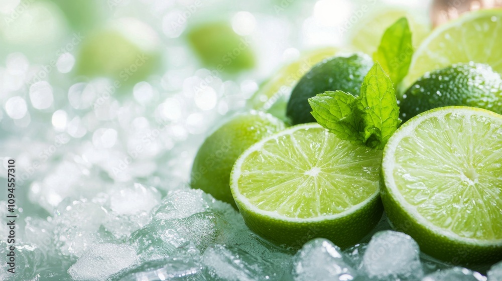 Freshly cut limes with ice and mint garnish ready for a refreshing beverage experience Freshly cut limes with ice and mint garnish ready for a refreshing beverage experience