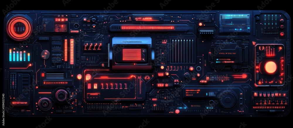 Fototapeta premium Futuristic technology interface with glowing red and blue elements.