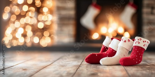 Cozy holiday setting with festive stockings by the fireplace and a beautifull...