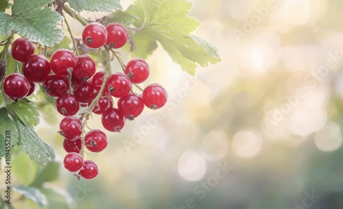 Fresh red currants arranged artistically on a rustic table with a soft blurry...