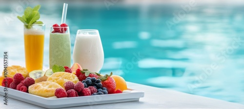 Refreshing poolside breakfast featuring smoothies, drinks, and fresh fruit
