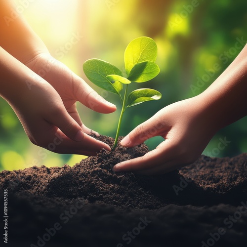 Two hands planting young seedlings in dark soil during a sunny day in a commu...