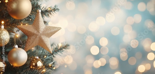 Christmas tree decorated with ornaments and warm lights in a festive atmosphere