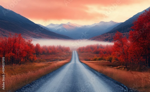 Curving road surrounded by vibrant red foliage in autumn landscape