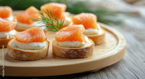 Delicious salmon canaps with cream cheese on toasted bread at a festive gathe...