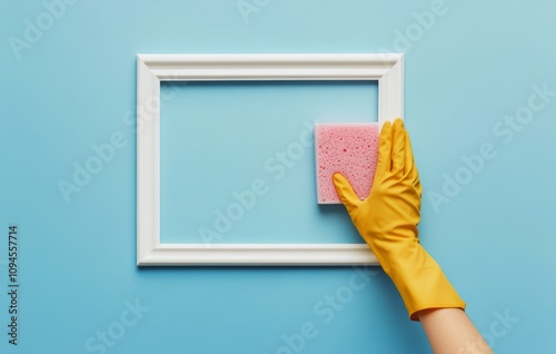 Cleaning a picture frame with a sponge against a bright blue background shows...