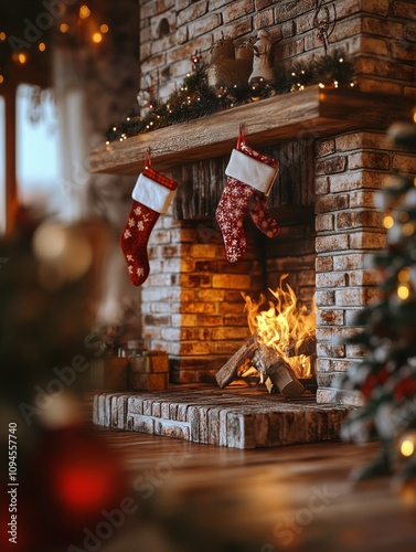 Cozy fireplace with holiday stockings and festive decorations during winter s...