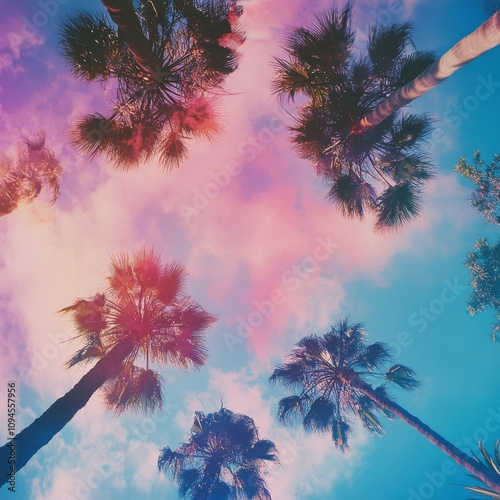 Vibrant sky with palm trees and colorful clouds during sunset in tropical loc...
