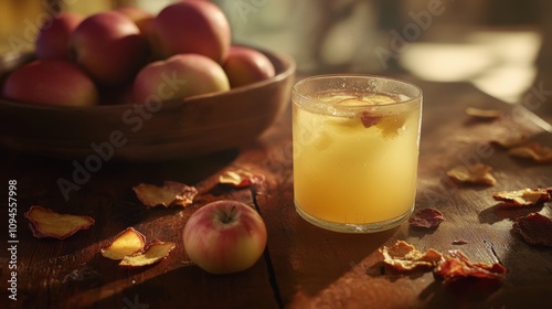 Fresh apple juice alongside red apples and dried fruit on a wooden table duri...