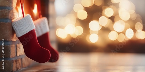 Cozy holiday setting with festive stockings by the fireplace and a beautifull...