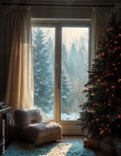 A cozy room features a beautifully decorated Christmas tree and a comfortable chair positioned right in front of a large window