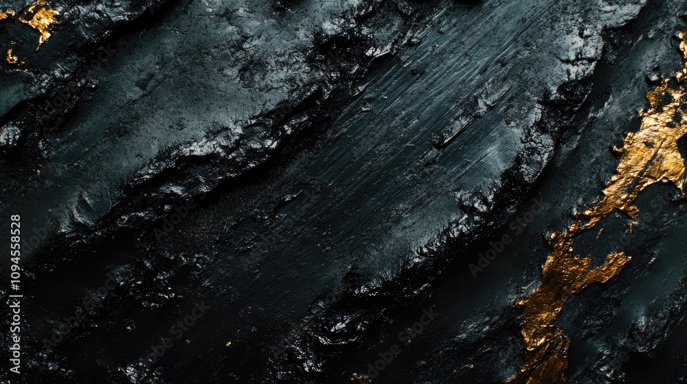 Close-up view of textured shiny black coal showcasing intricate natural mineral patterns and glimmers of metallic gold highlights. Close-up view of textured shiny black coal showcasing intricate natural mineral patterns and glimmers of metallic gold highlights.