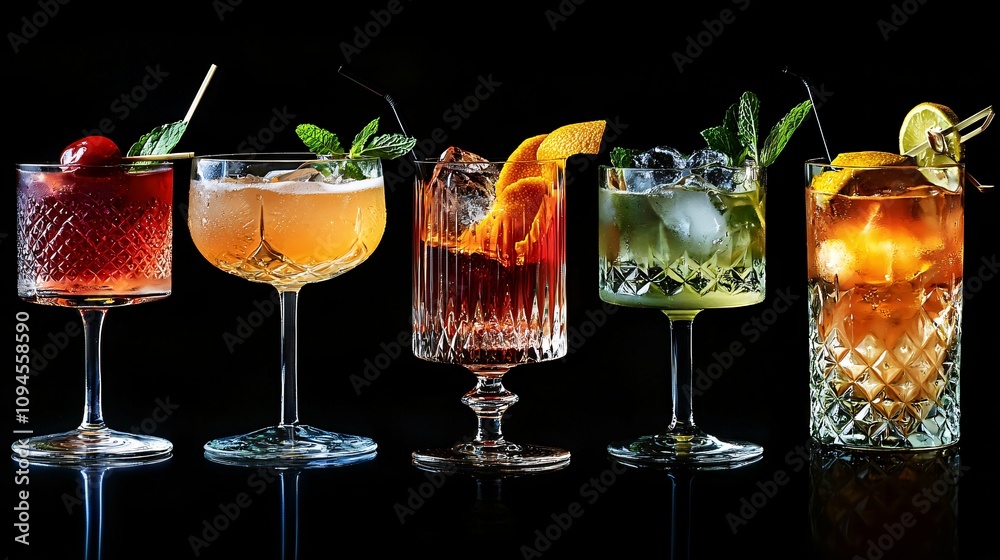 Craft cocktails in elegant glassware display vibrant, skillfully mixed drinks adorned with fresh garnishes against a white background.