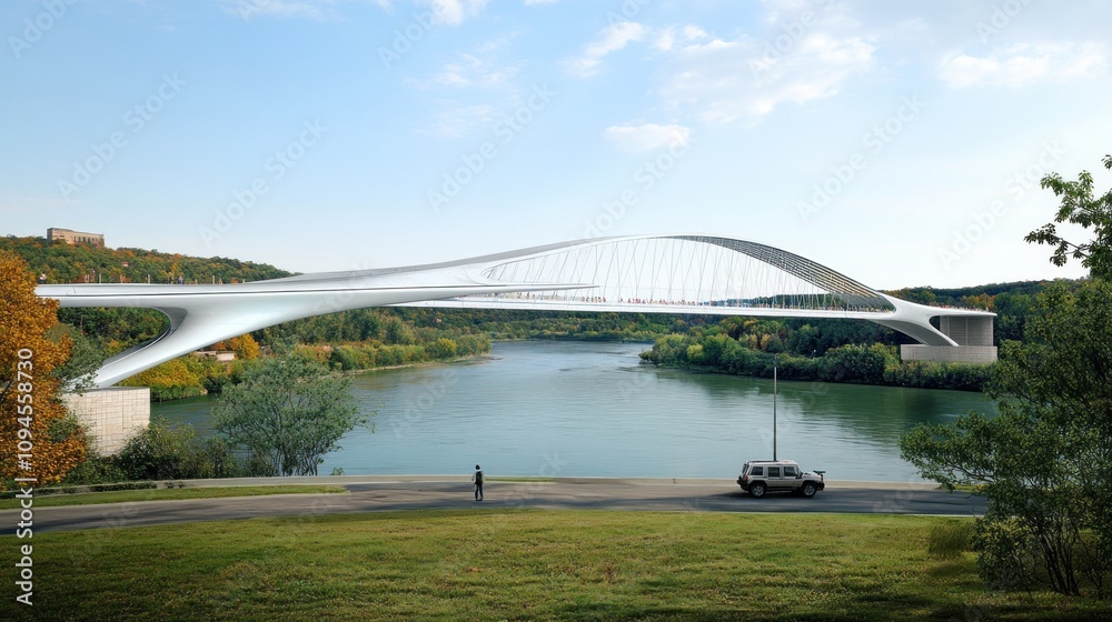 Fototapeta premium A modern bridge spans a river, showcasing innovative architecture and scenic surroundings.