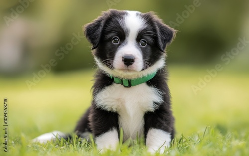 Cute puppy sitting on green grass in a sunny park during afternoon hours
