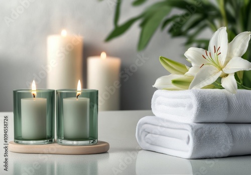 Bright and serene home spa setup with candles and fresh flowers for relaxatio...