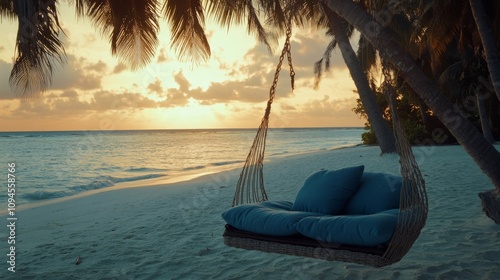 Relaxing evening by the beach with a hanging chair amidst a stunning sunset