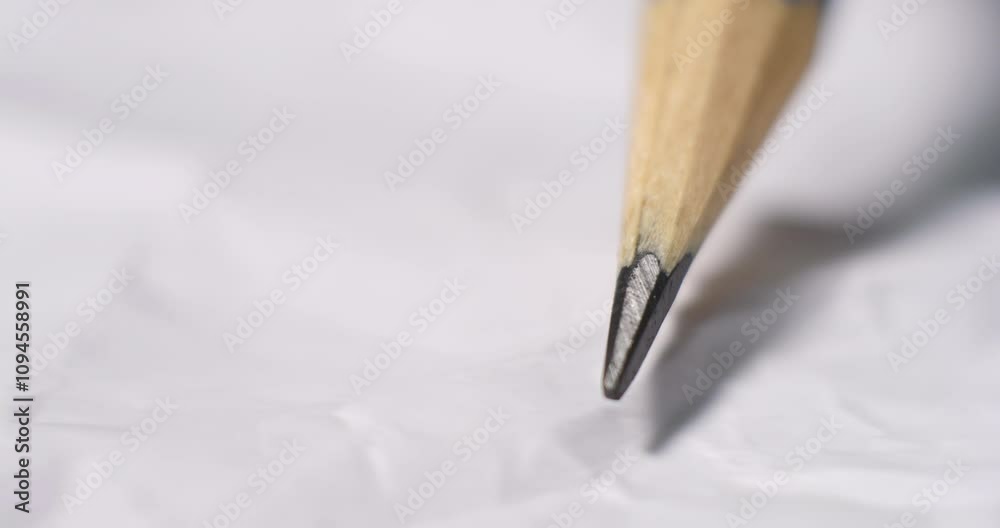 Extreme close-up of wooden pencil tip resting on paper, showcasing sharp details and delicate textures of writing tool during creation process
