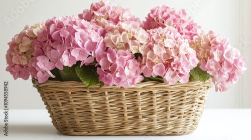 Close-up of vibrant pink hydrangeas beautifully arranged in a rustic woven basket exuding a charming and delicate floral aesthetic.