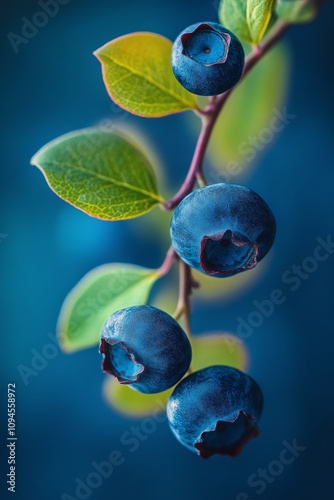 Blueberries grow on a branch surrounded by green leaves in a vibrant natural ...