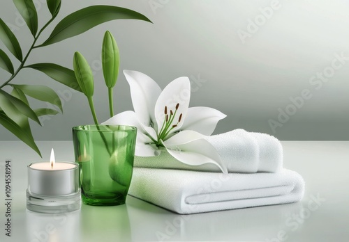 Relaxing spa setup featuring a white lily and a scented candle