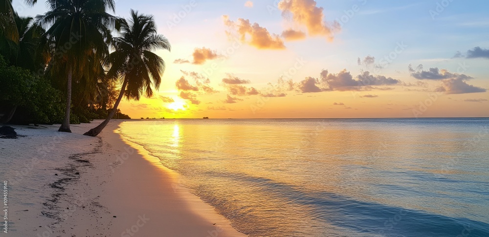 Beautiful sunset over calm ocean waters in pastel hues near a tropical island Beautiful sunset over calm ocean waters in pastel hues near a tropical island